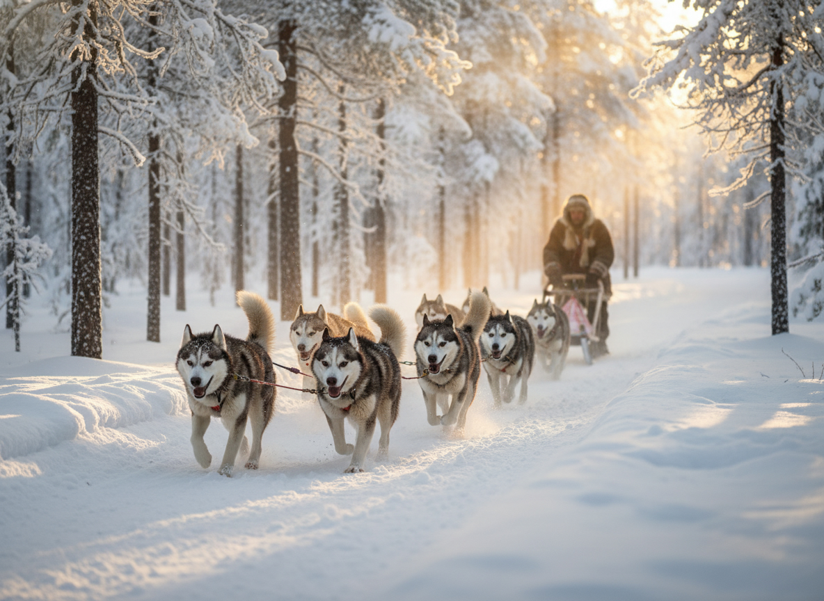 Traîneau à chiens dans une forêt enneigée de Laponie